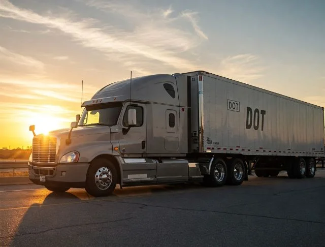 a semi truck written dot on trailer