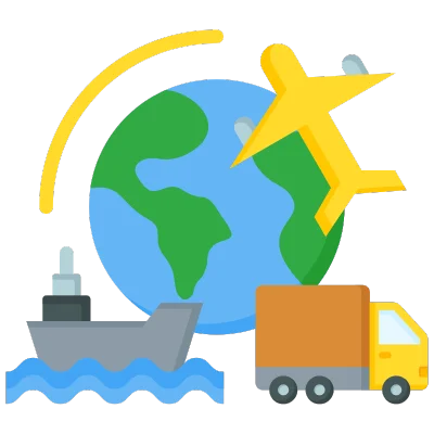 an illustration with icon of world, airplane, ship and truck