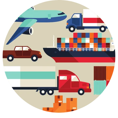 an illustration showing trucks, ships, trailer and airplane