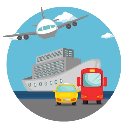 an illustration with a plane, ship and bus