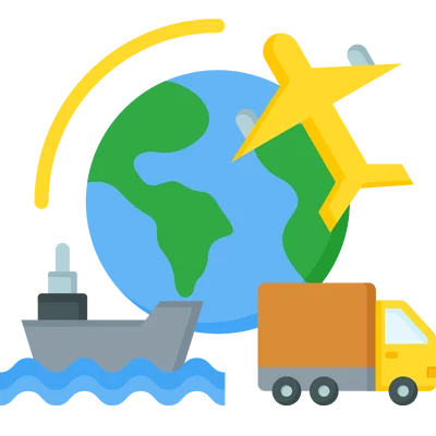 an illustration containing the icon of the world, ship and truck
